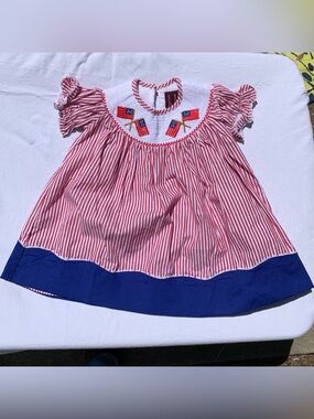 Lil Cactus Girls 4th of July Smocked Dress Sz 3-6M Ruffle Sleeve Embroidered